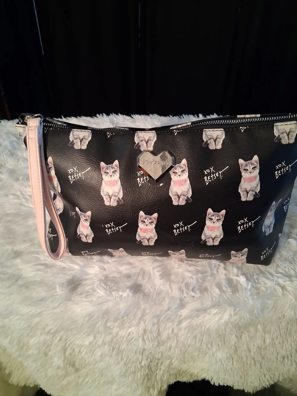 Betsey Johnson Black Cosmetic Pouch with Gray & Pink Kitten Print